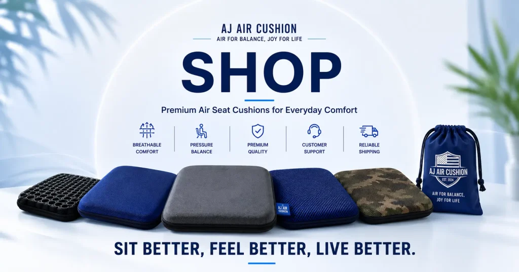 AJ Air Cushion shop banner featuring a variety of premium air seat cushions in different colors and patterns, including blue, grey, and camouflage mesh covers. Icons highlight features such as breathable comfort, pressure balance, premium quality, customer support, and reliable shipping.