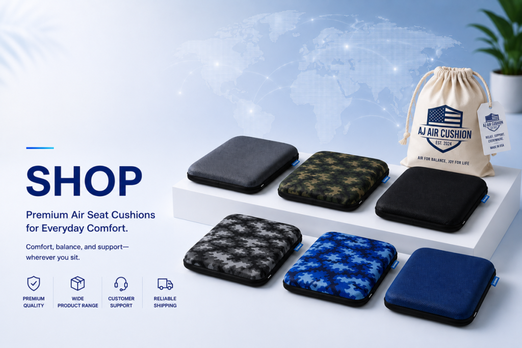 AJ Air Cushion shop page hero banner showing six air seat cushion styles and a drawstring carry pouch with text for premium quality, product range, customer support, and reliable shipping.