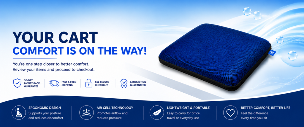 AJ Air Cushion shopping cart banner featuring a blue ergonomic seat cushion with air cell technology. The image highlights a 30-day money-back guarantee, fast and free shipping, and SSL secure checkout to ensure a better sitting experience.