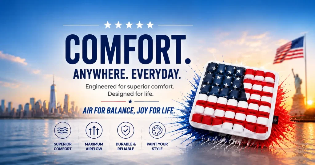 AJ Air Cushion with a United States flag design set against a backdrop of the New York City skyline and the Statue of Liberty. The image highlights key features: Superior Comfort, Maximum Airflow, Durable & Reliable, and Paint Your Style, with the slogan "Comfort. Anywhere. Everyday."