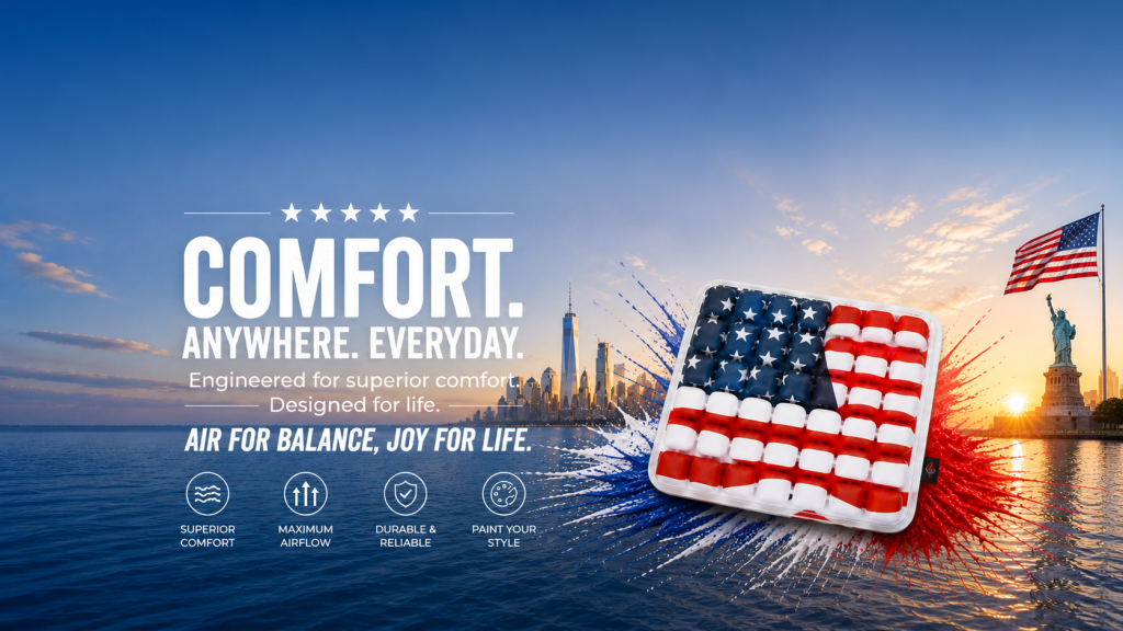 AJ Air Cushion with a United States flag pattern set against the New York City skyline and Statue of Liberty. The image features slogans "Comfort Anywhere Everyday" and "Air for Balance, Joy for Life," highlighting superior comfort, maximum airflow, and durability.