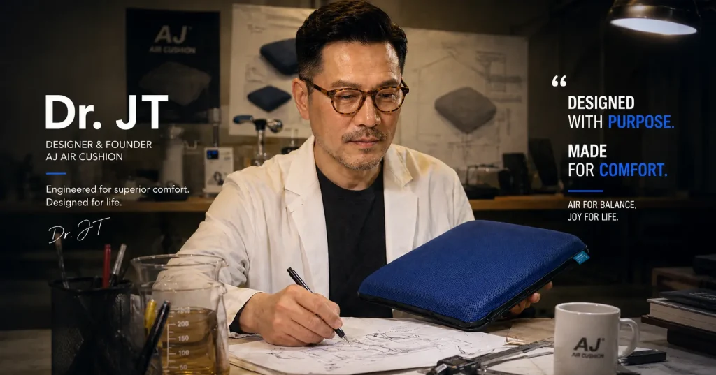 Dr. JT, the lead innovator and chief architect of AJ Air Cushion, working in his design studio. He is holding a blue ergonomic air cushion while sketching technical designs. The background features R&D blueprints and a slogan that reads: "Designed with Purpose. Made for Comfort."