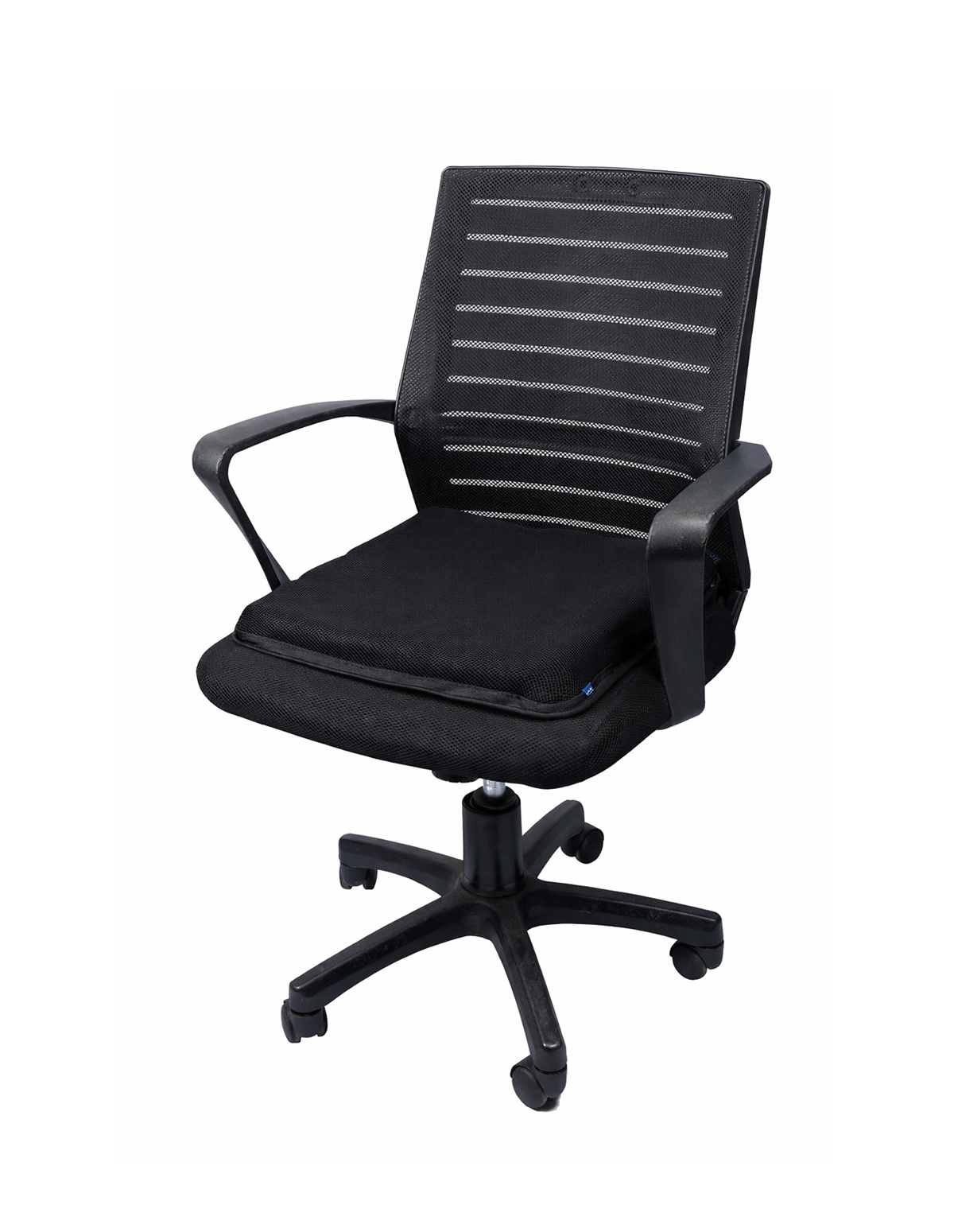 A full view of a black mesh office chair with an AJ air cushion placed on the seat.