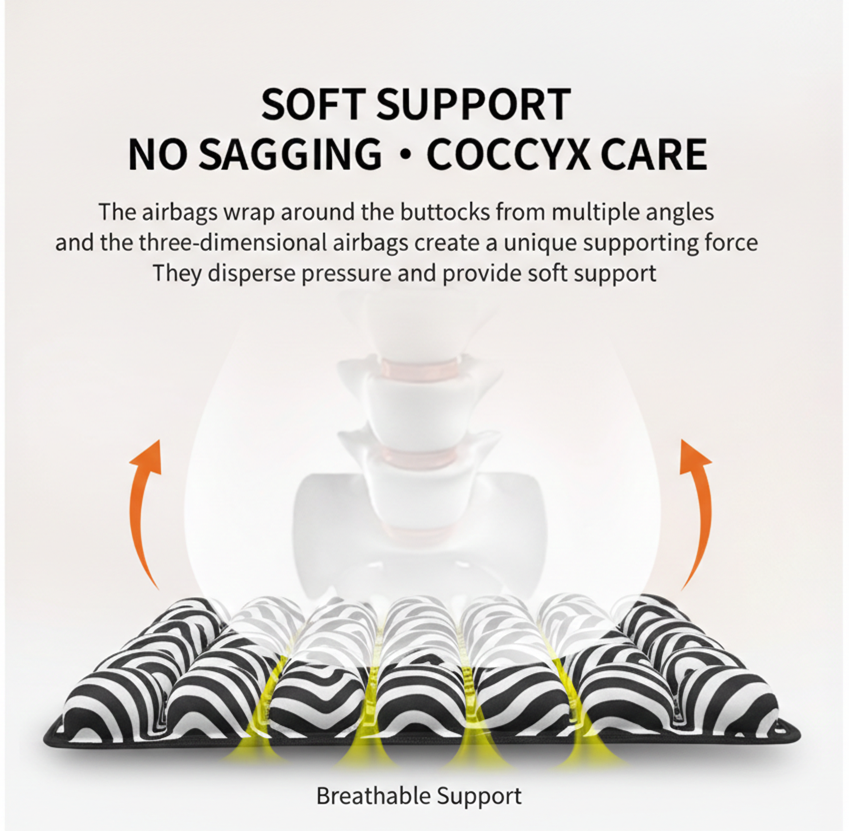 Ergonomic air cushion for coccyx care and soft support featuring a breathable no-sagging design.