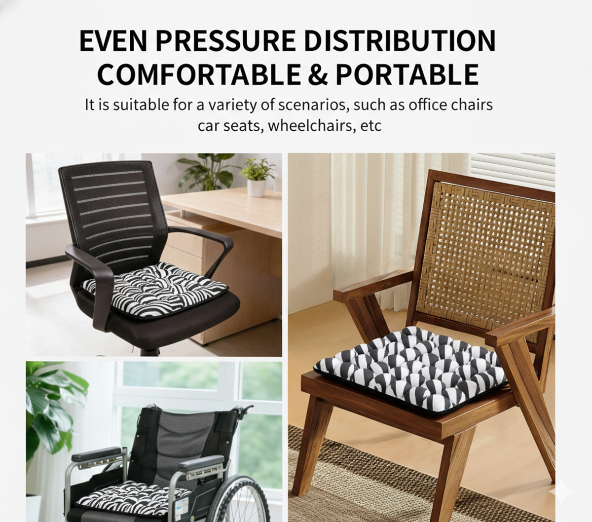 Zebra stripe air seat cushion used on office chair, wooden home chair, and wheelchair for even pressure distribution.