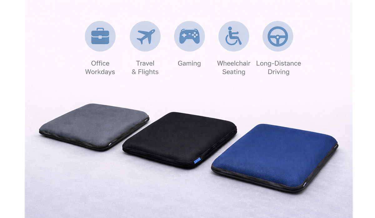 Three AJ Air Cushion seat cushions in gray, black, and blue displayed under five usage icons for office workdays, travel, gaming, wheelchair seating, and long-distance driving.