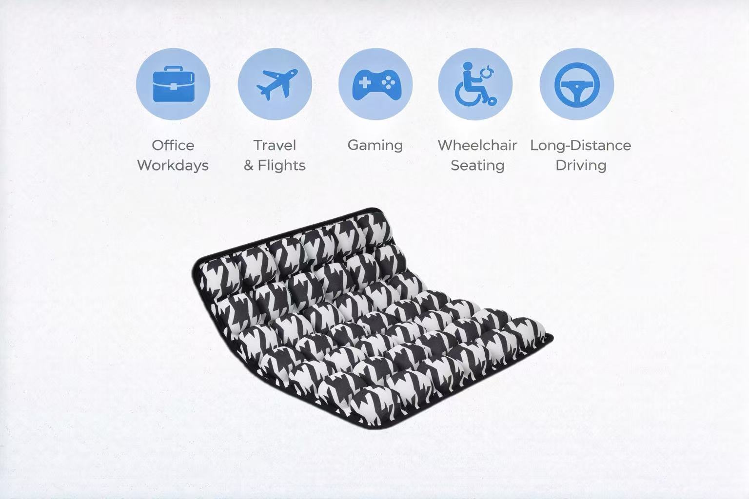 Infographic of a houndstooth air cushion showing five primary use cases: Office, Travel, Gaming, Wheelchair, and Driving.