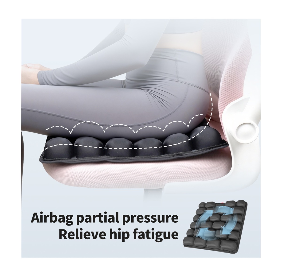 Side view of a person sitting on an AJ air cushion with a dotted line tracing the contour of the individual air cells to show pressure relief.