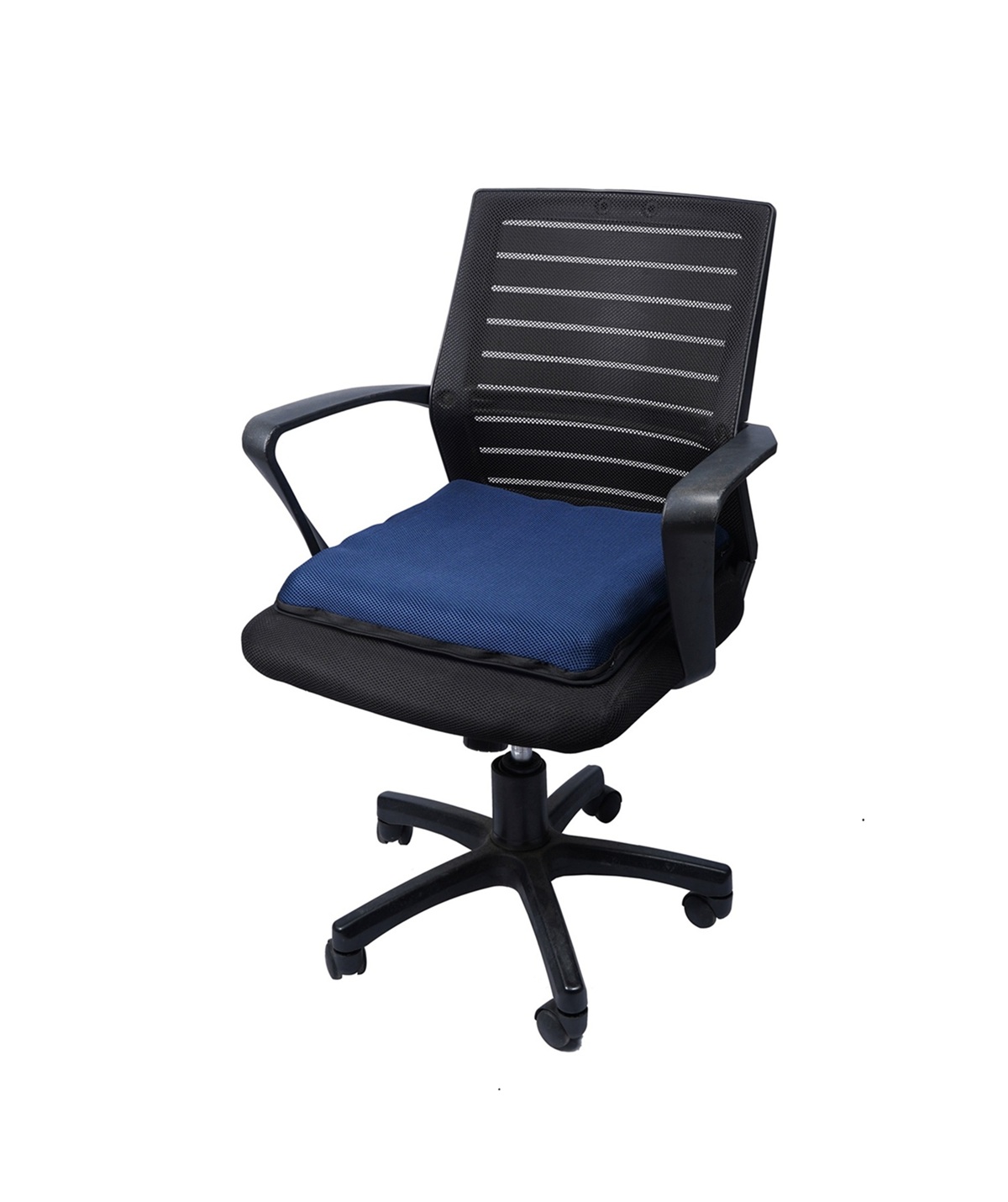Blue AJ Air Cushion placed on a black mesh office chair, showing a breathable seat surface for everyday sitting.