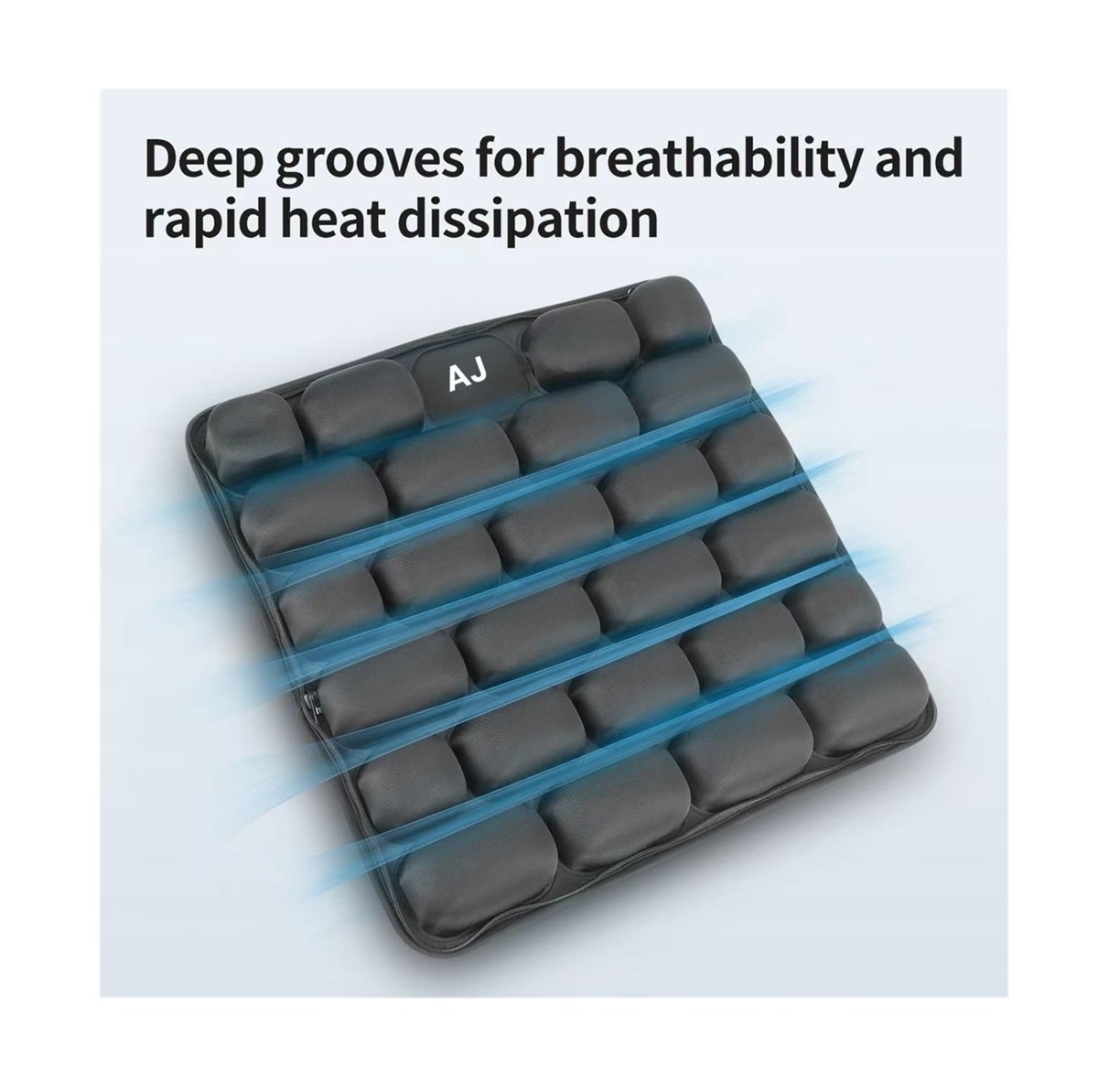 Exploded view diagram showing the four layers of the AJ air cushion: breathable cover, Top view of the AJ air cushion showing deep grooves with blue airflow lines indicating rapid heat dissipation.