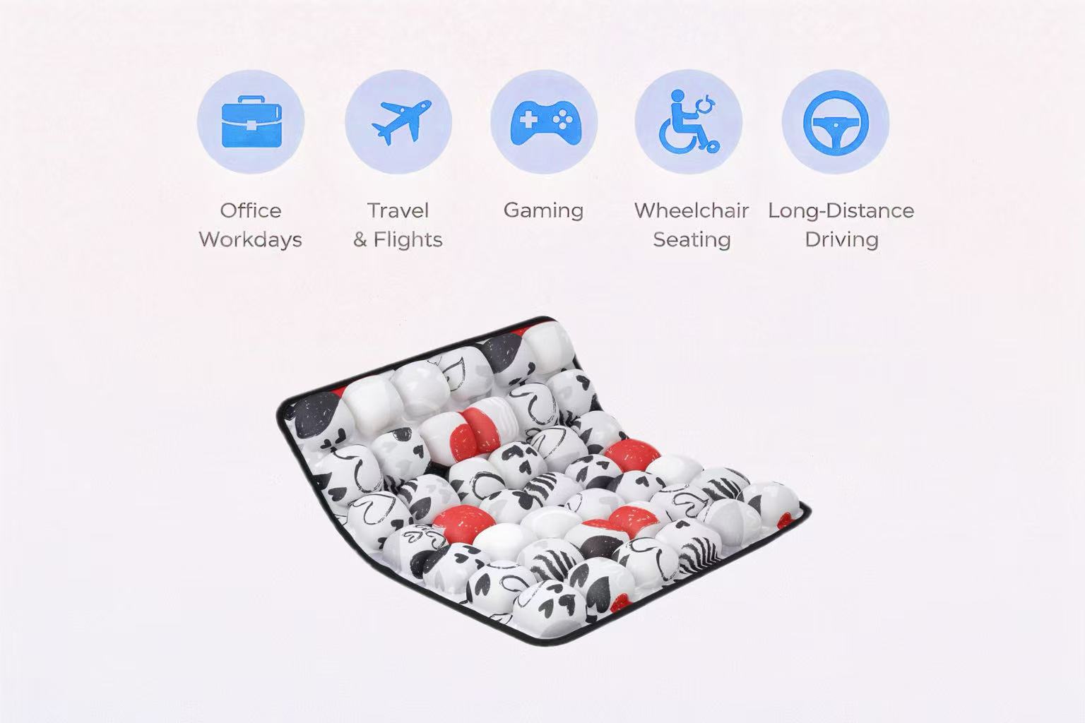 Infographic of heart-patterned air cushion for office work, travel, gaming, wheelchair, and long-distance driving.
