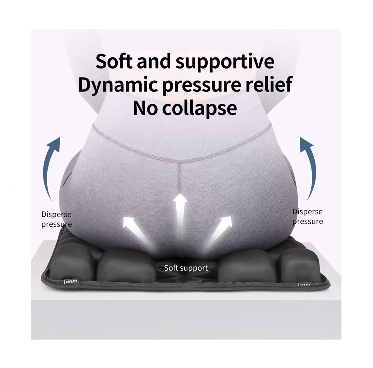 A person sitting on an AJ air cushion with white arrows indicating soft support and pressure dispersion.