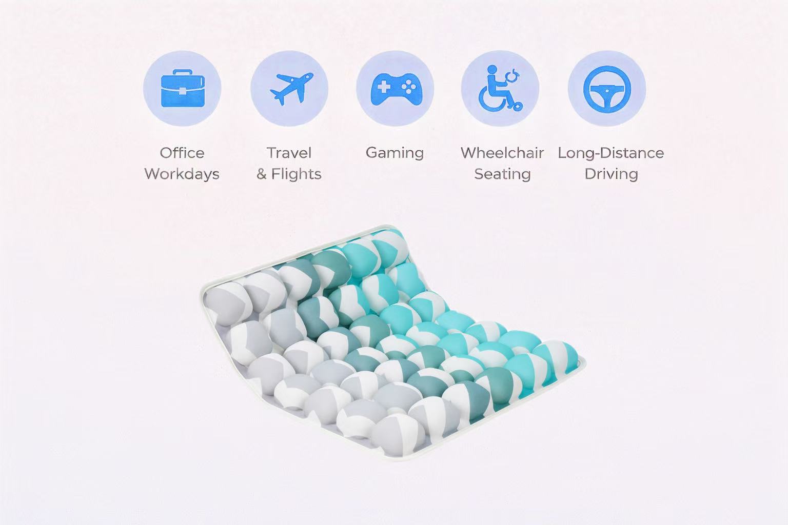 Infographic showing a 3D air cell seat cushion with icons for office, travel, gaming, wheelchair, and driving use.