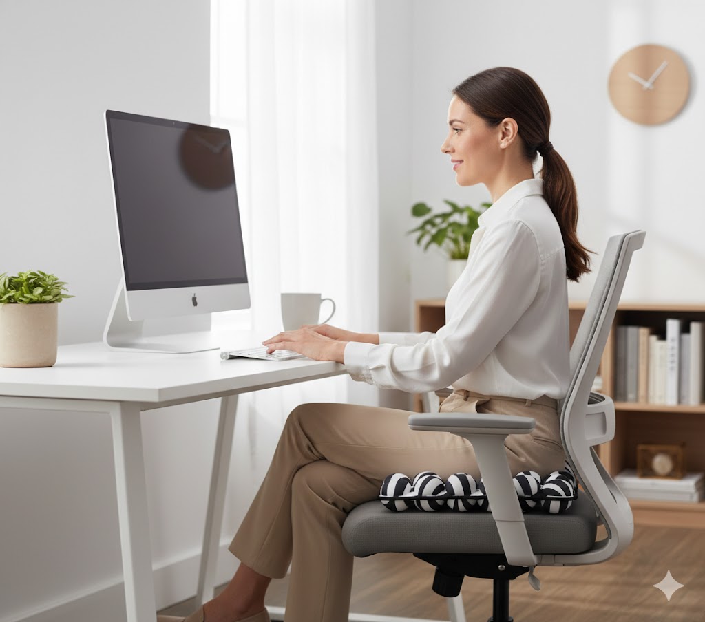 Comfortable office worker using an ergonomic air cushion to prevent back pain.