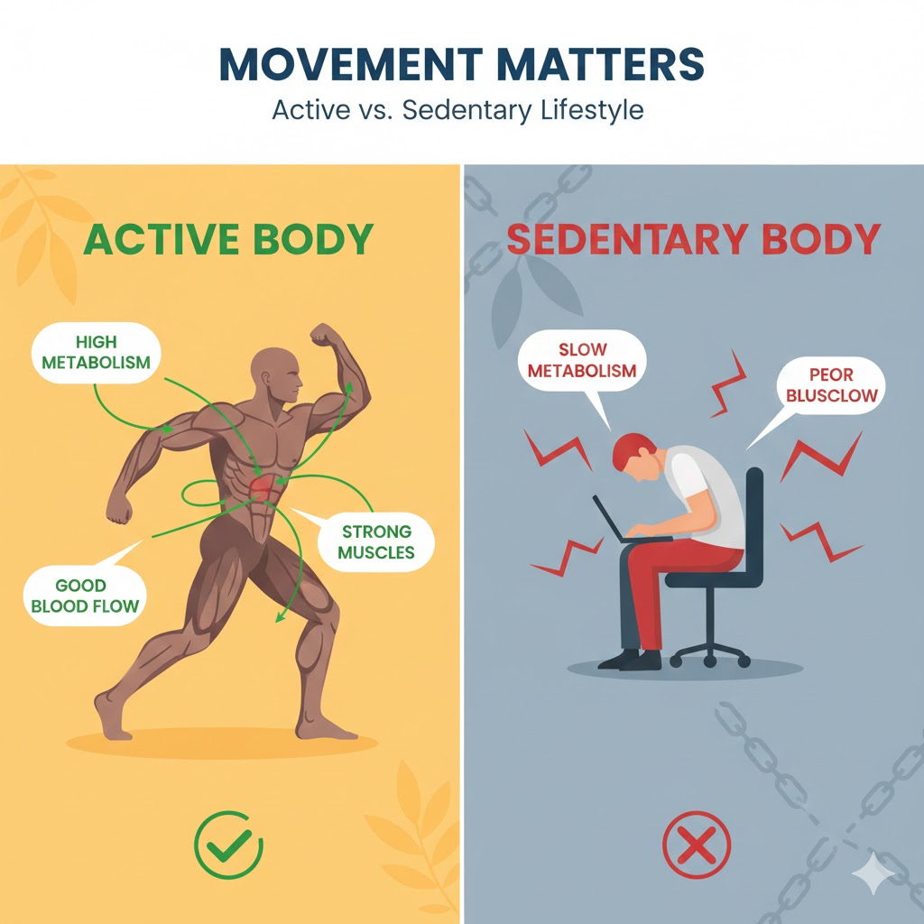 Infographic showing the negative impact of sedentary lifestyle on human metabolism and posture.
