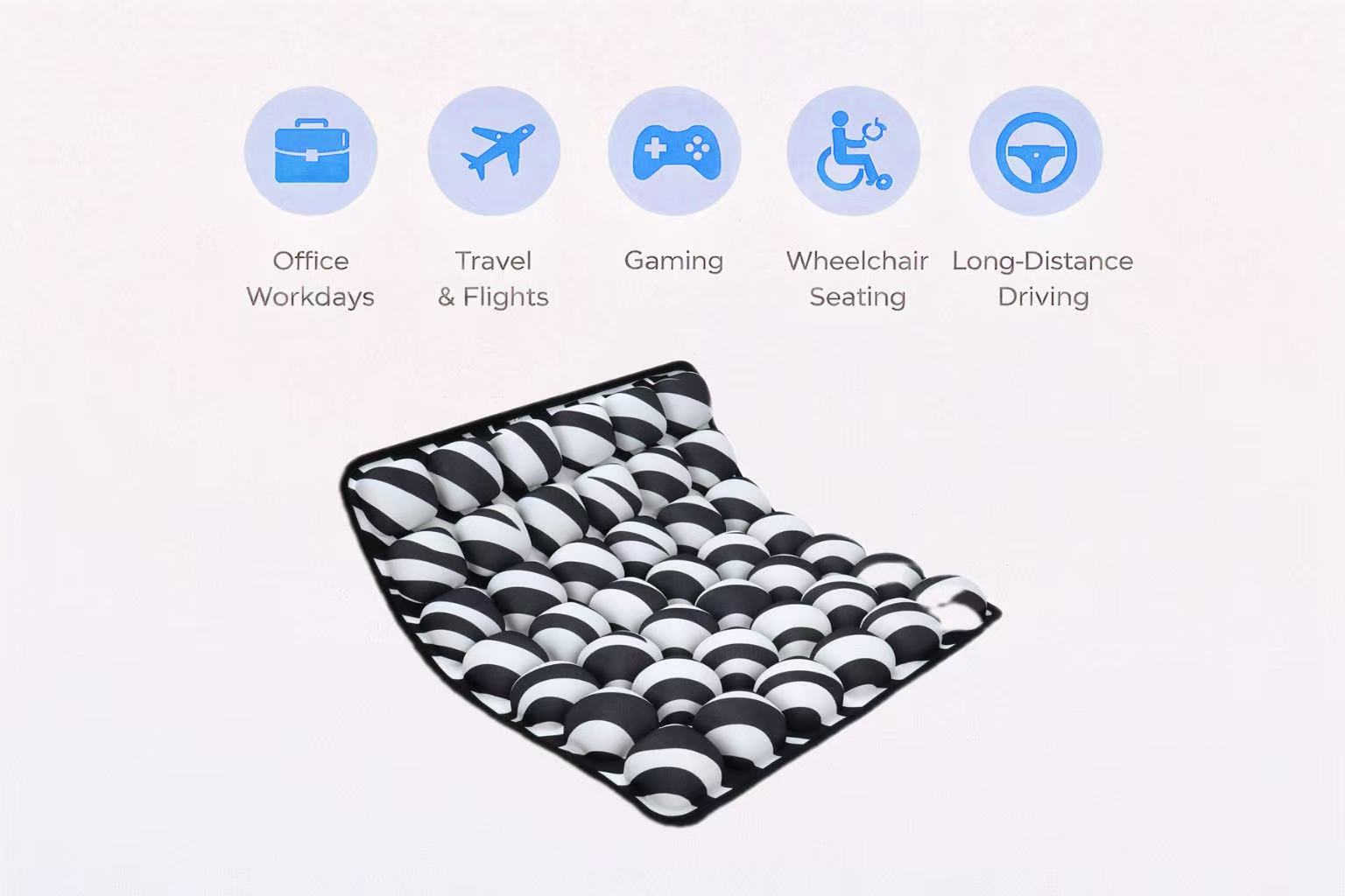 Zebra stripe 3D air convection seat cushion for pressure relief in office chairs and wheelchairs.