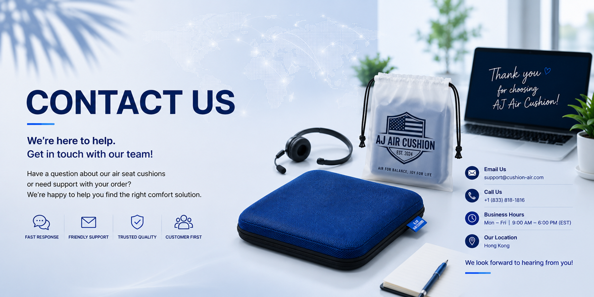 AJ Air Cushion Contact Us website hero banner featuring a blue air seat cushion, navy polyester drawstring bag, customer support headset, laptop, and contact information layout.