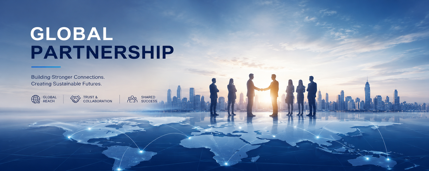 AJ Air Cushion global partnership website hero banner with business professionals, world map, city skyline, and space reserved for company logo.