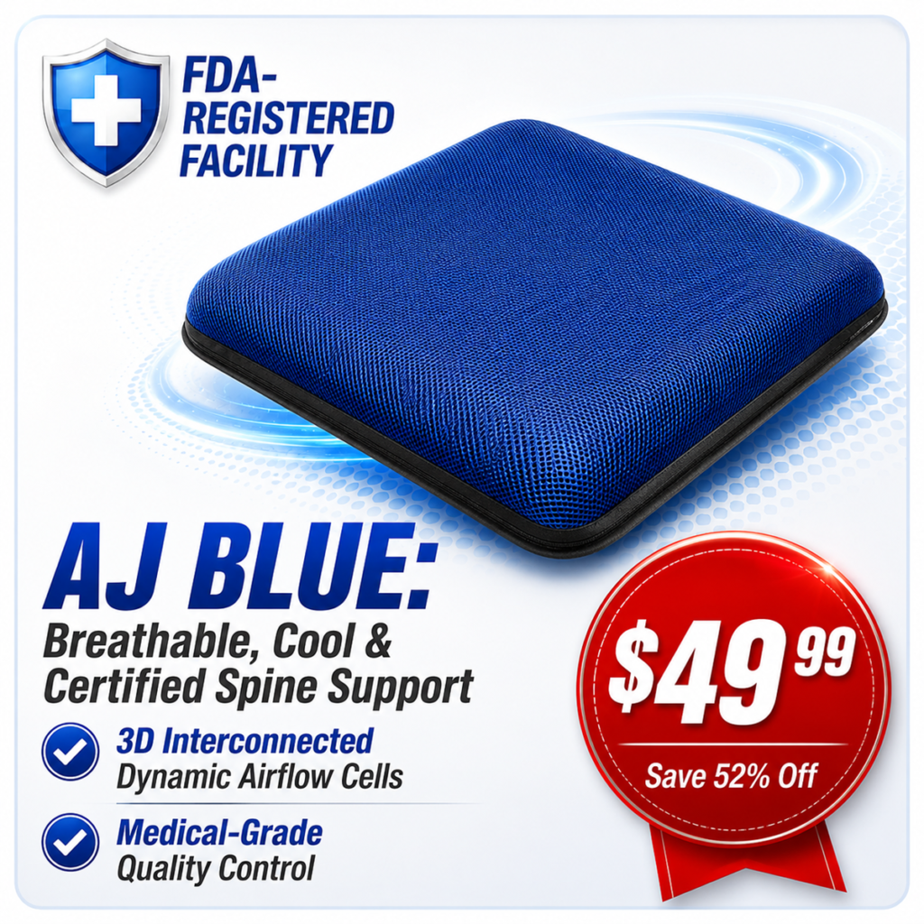 A promotional product image of the blue AJ Air Cushion with a protective shield icon reading 'FDA-REGISTERED FACILITY', highlighting 'AJ BLUE: Breathable, Cool & Certified Spine Support', '3D Interconnected Dynamic Airflow Cells', 'Medical-Grade Quality Control', and a red ribbon badge offering a $49.99 price deal.
