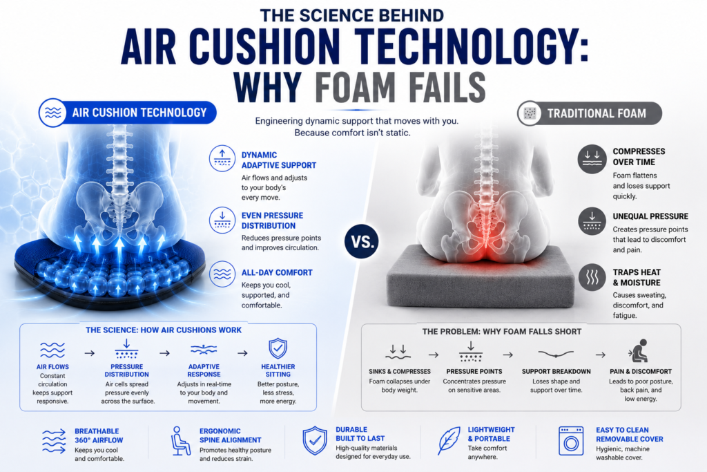An educational infographic titled 'THE SCIENCE BEHIND AIR CUSHION TECHNOLOGY: WHY FOAM FAILS' illustrating an X-ray view of a pelvis sitting comfortably on an air cushion versus a collapsed pelvis on traditional foam causing pressure points.