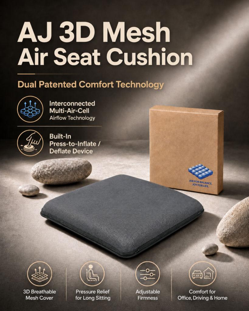 A premium product poster from the file image_7.png showing a gray AJ 3D Mesh Air Seat Cushion placed on a textured floor next to smooth zen stones and a brown cardboard packaging box featuring a blue air-cell logo. The text highlights "Dual Patented Comfort Technology" including Interconnected Multi-Air-Cell Airflow Technology and a Built-In Press-to-Inflate/Deflate Device.