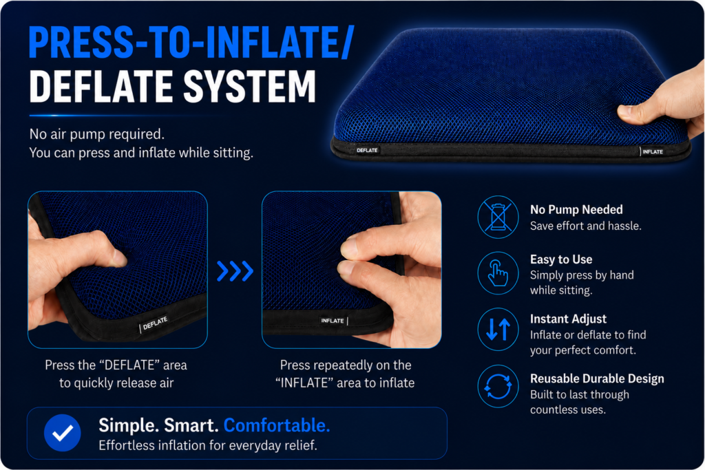 An instructional infographic for AJ's blue seat cushion showing hands pressing the "DEFLATE" corner to release air and the "INFLATE" corner to inflate. Four icons highlight its pump-free, instant-adjust, and durable design