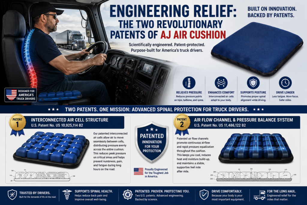 An infographic titled 'Engineering Relief' showcasing the two U.S. patents of AJ Air Cushion: Patent 1 Interconnected Air Cell Structure and Patent 2 Air Flow Channel & Pressure Balance System, alongside a truck driver sitting with proper spinal alignment.