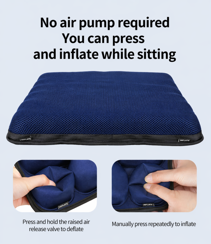 A demonstration image of the AJ Air Cushion showing its built-in inflation mechanism with text 'No air pump required', close-up views of pressing the air release valve to deflate, and manually pressing the pump to inflate.