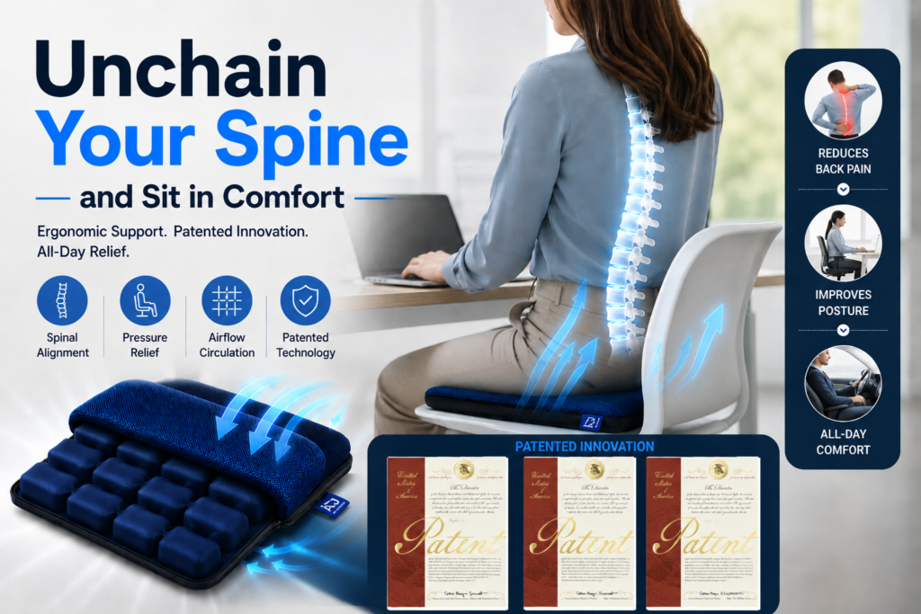 AJ Air Seat Cushion supporting spinal alignment with patented pressure-relief air-cell technology.
