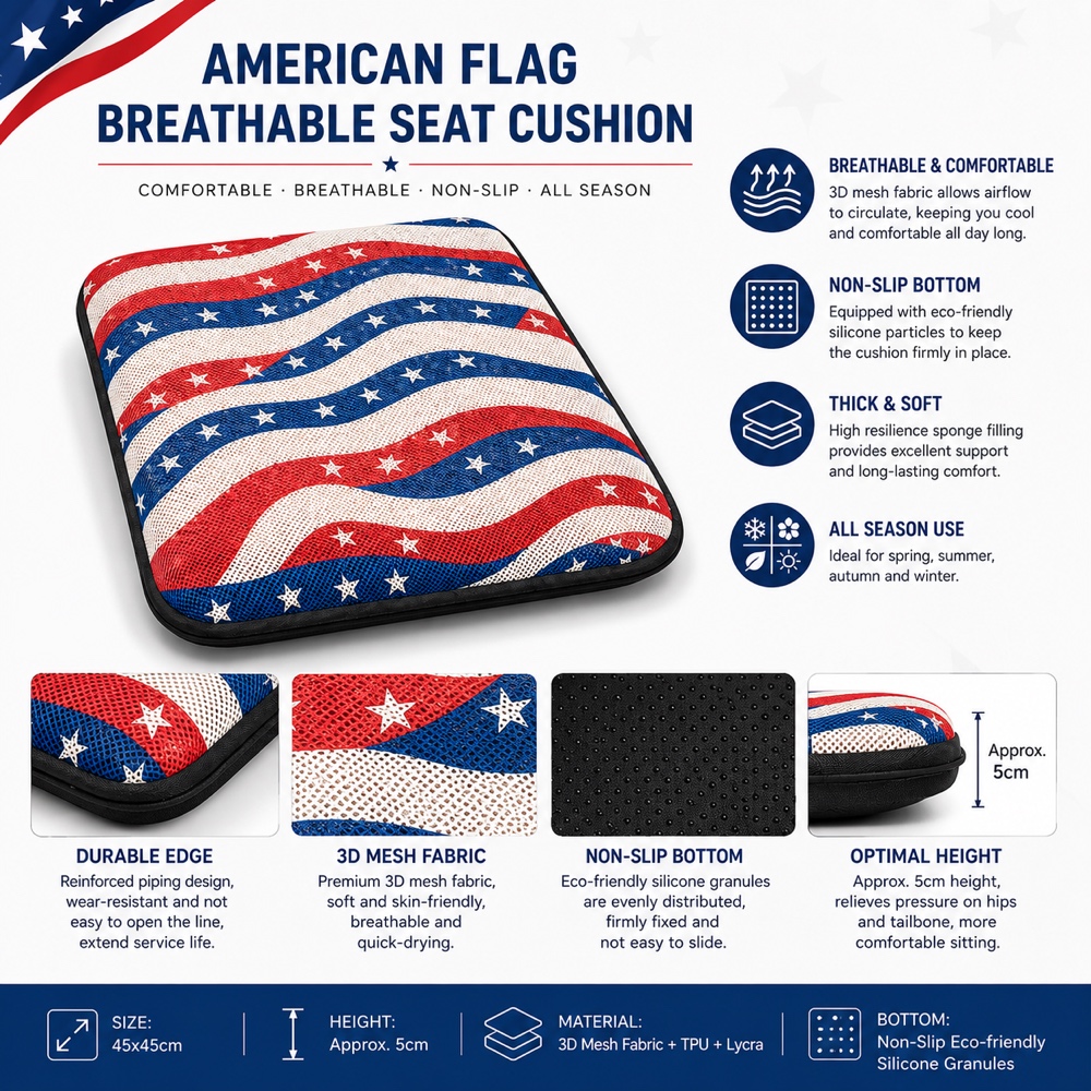 AJ American Flag 3D mesh air seat cushion with breathable fabric, pressure relief, non-slip bottom, and ergonomic support for long sitting.