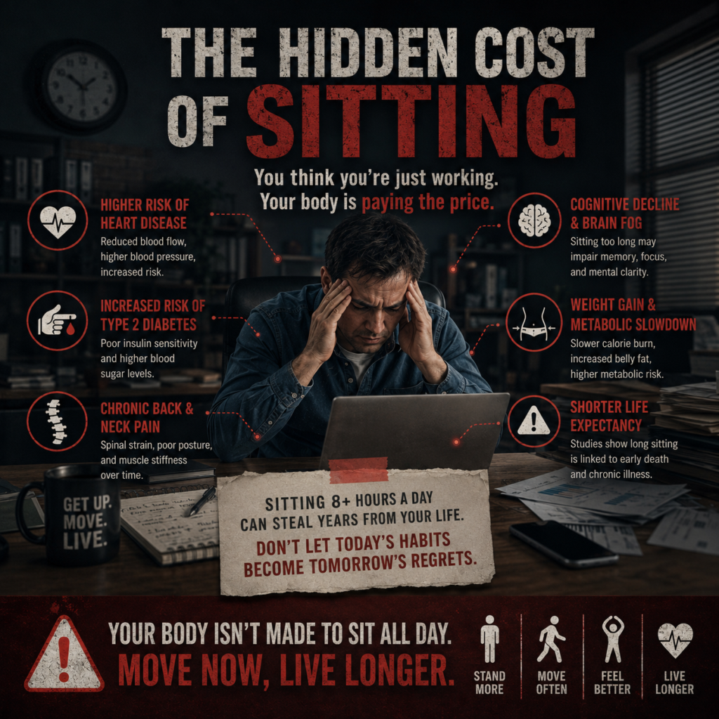 An educational infographic titled 'THE HIDDEN COST OF SITTING' displaying a stressed office worker at his laptop, surrounded by icons outlining heart disease, type 2 diabetes, chronic back pain, brain fog, metabolic slowdown, and shorter life expectancy.