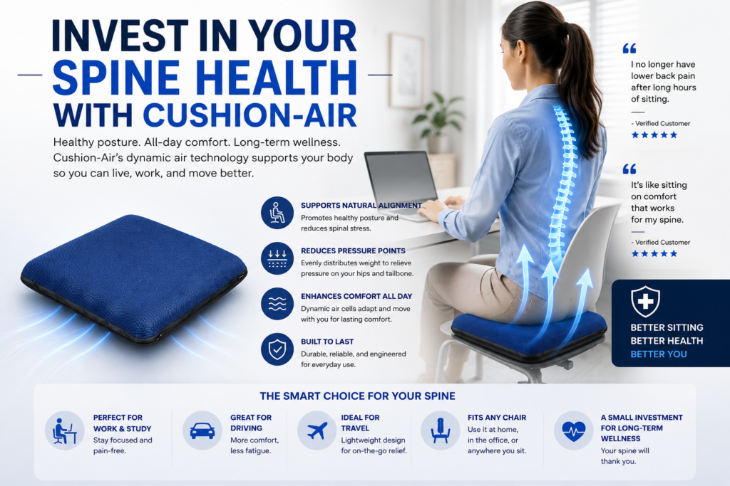 A professional medical-ergonomic promotional banner titled "INVEST IN YOUR SPINE HEALTH WITH CUSHION-AIR." On the left, a premium royal blue square Cushion-Air seat cushion floats with subtle air currents underneath. In the center, a woman sits upright at a desk with a laptop, using the blue cushion on her chair. Upward-flowing blue arrows and a glowing white diagram of a perfectly aligned spine illustrate active orthopedic support. The right side features positive five-star customer reviews and a shield icon reading "BETTER SITTING, BETTER HEALTH, BETTER YOU." Along the bottom, application icons state it is "PERFECT FOR WORK & STUDY," "GREAT FOR DRIVING," "IDEAL FOR TRAVEL," and "FITS ANY CHAIR."