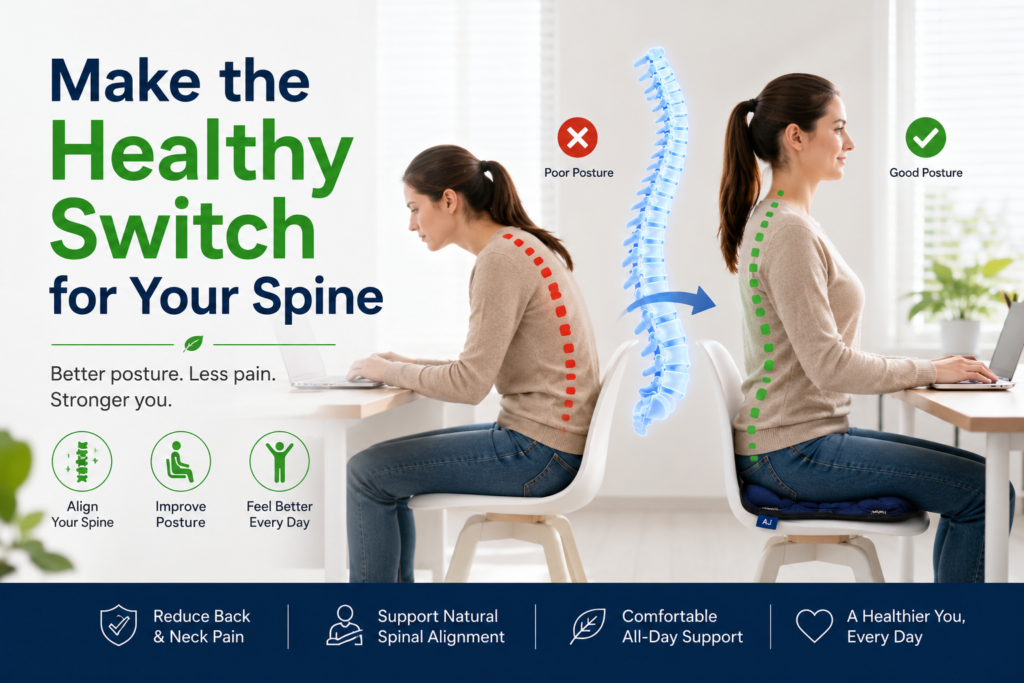 An office worker posture infographic showing a woman slouching at a desk with an incorrectly curved red spine next to her sitting upright on a blue AJ Air Cushion with a perfectly aligned green spine.