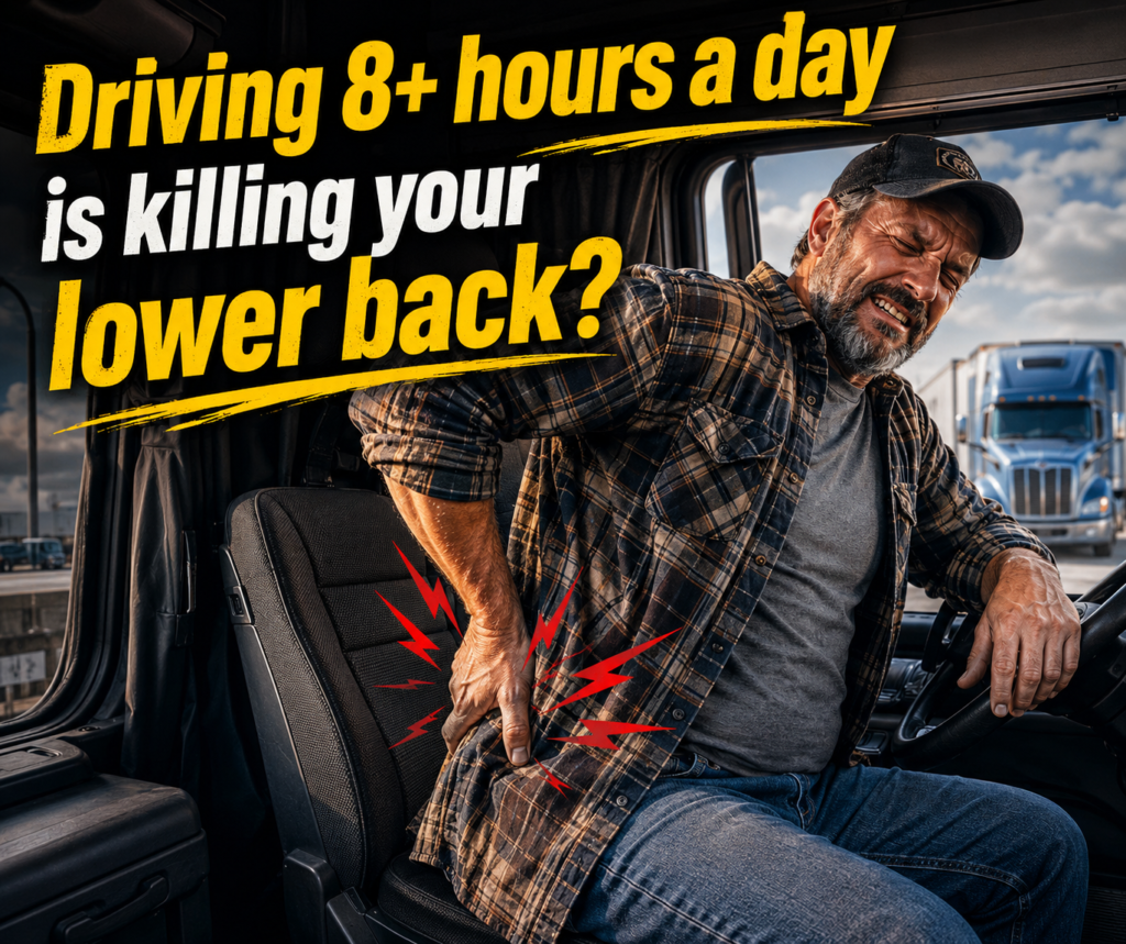 A tired American semi-truck driver experiencing severe lower back pain inside his cab, showing the necessity of an AJ orthopedic air seat cushion for long driving hours.