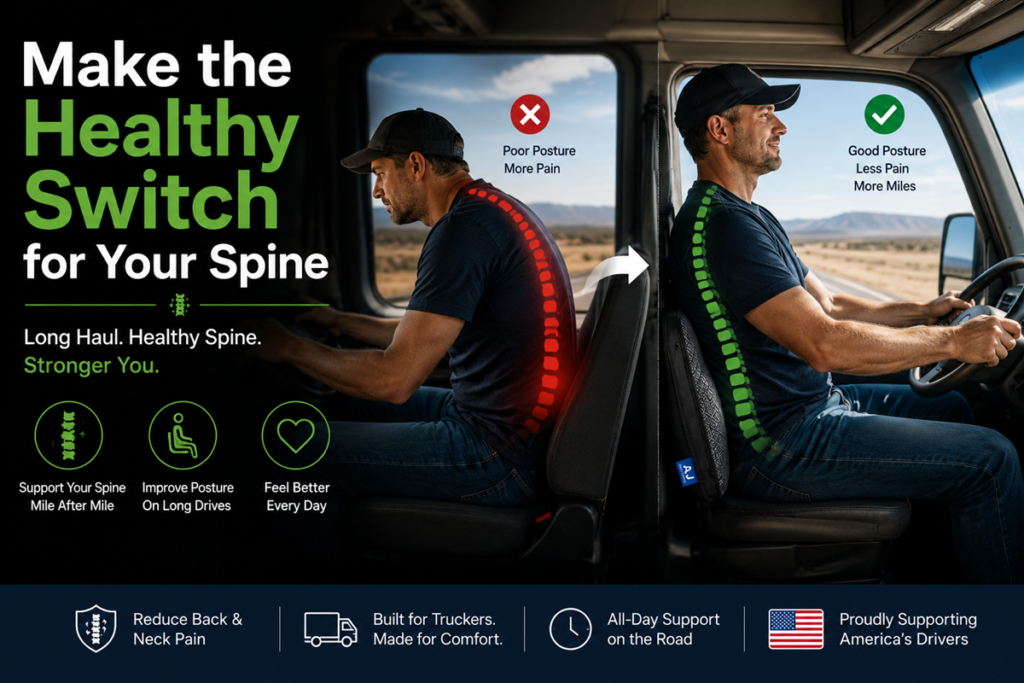An infographic reading 'Make the Healthy Switch for Your Spine' showing a male truck driver in his cab comparing a red hunched spine from poor posture versus a green aligned spine from using an AJ ergonomic air seat cushion.