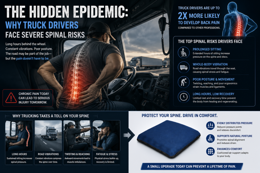An infographic titled 'The Hidden Epidemic: Why Truck Drivers Face Severe Spinal Risks' explaining risks like prolonged sitting and whole-body vibration, alongside the AJ Air Cushion solution that evenly distributes pressure and supports natural posture.