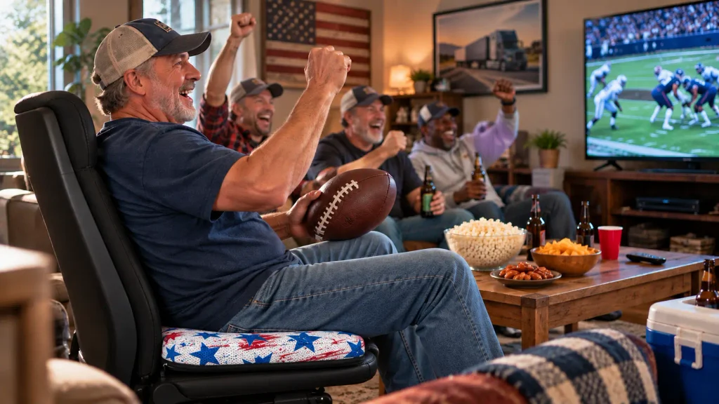 AJ Air Cushion USA Patriot seat cushion used during a football watch party