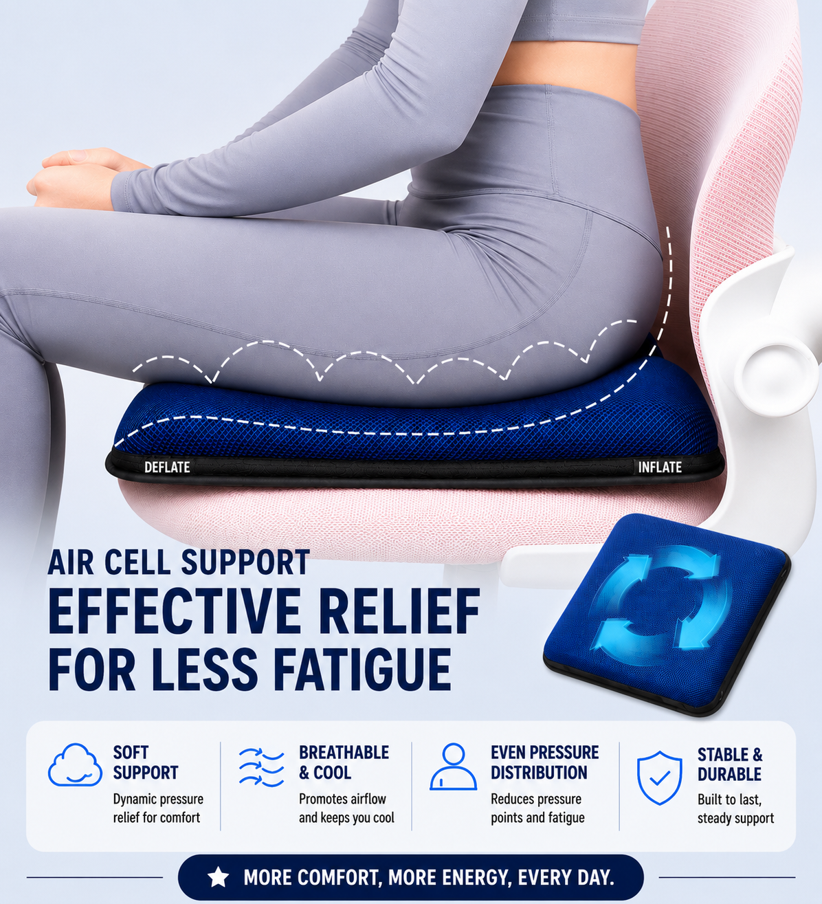 Office user seated on AJ Navy Blue air cushion for breathable adjustable support