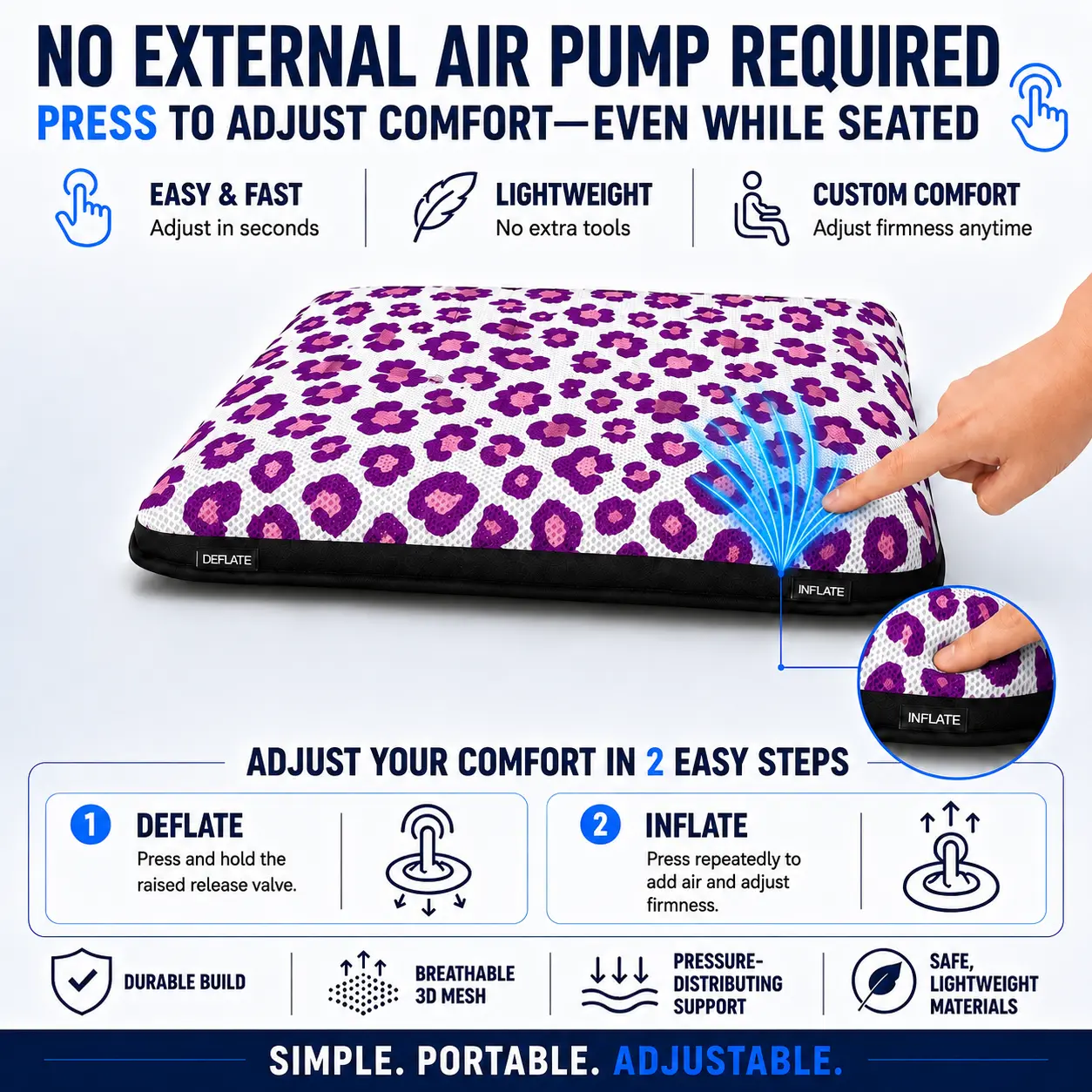AJ Purple Leopard 3D Mesh Air Seat Cushion showing the breathable 3D mesh cover and adjustable air-cell support
