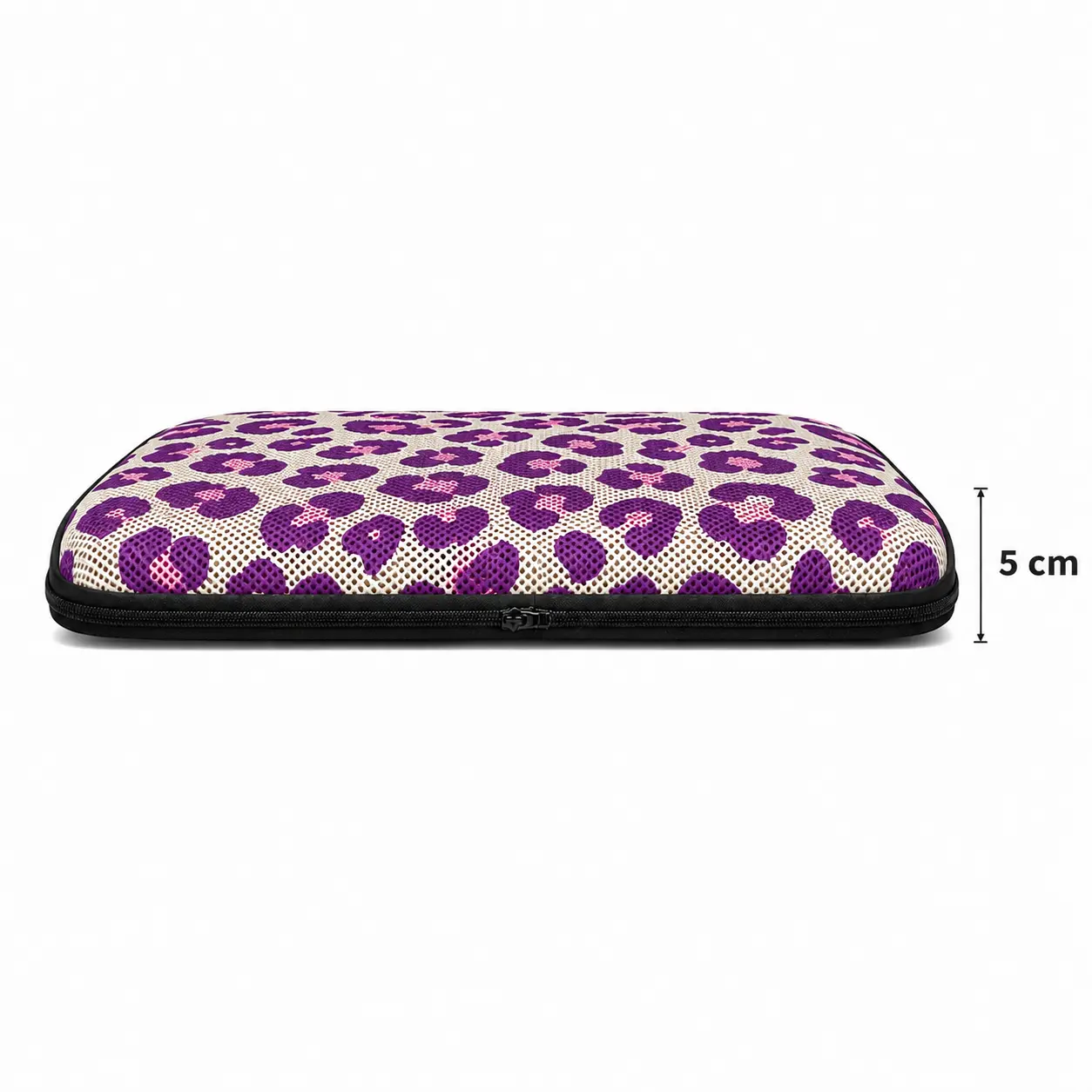 AJ Purple Leopard 3D Mesh Air Seat Cushion showing the breathable 3D mesh cover and adjustable air-cell support