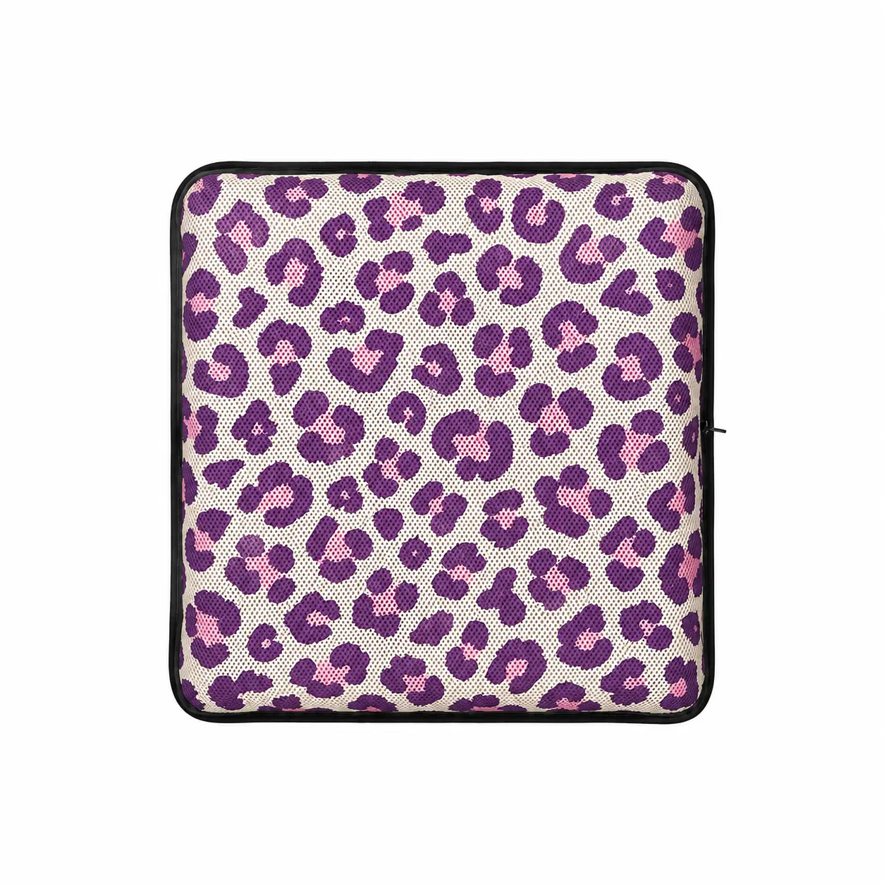 AJ Purple Leopard 3D Mesh Air Seat Cushion showing the breathable 3D mesh cover and adjustable air-cell support