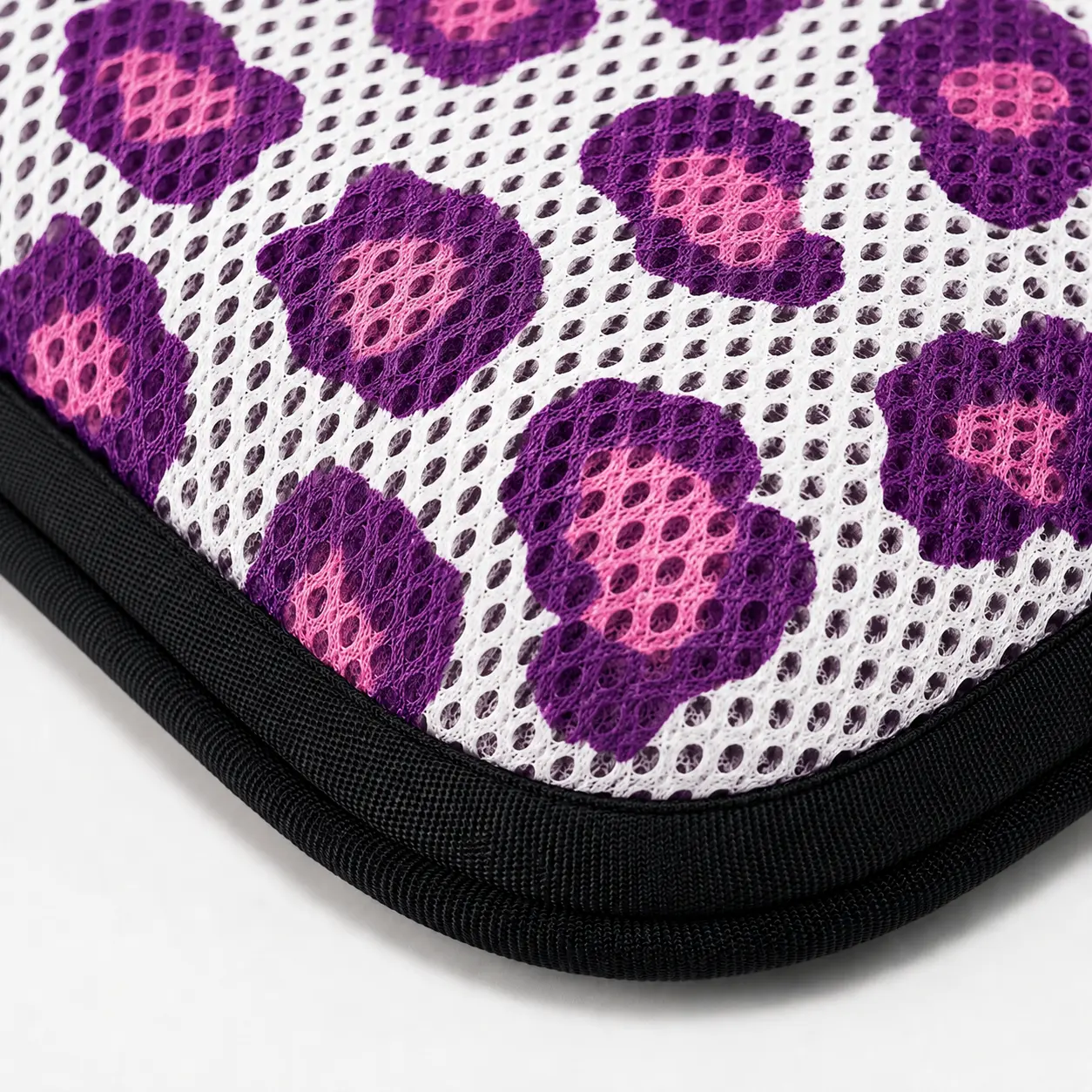 AJ Purple Leopard 3D Mesh Air Seat Cushion showing the breathable 3D mesh cover and adjustable air-cell support
