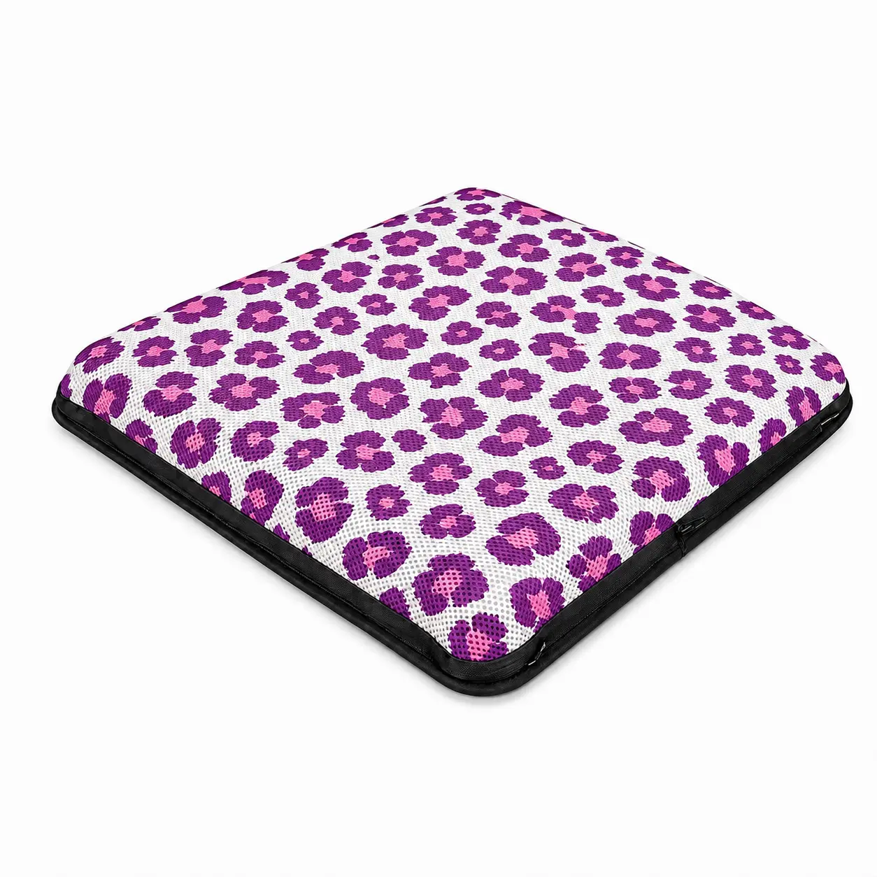 AJ Purple Leopard 3D Mesh Air Seat Cushion showing the breathable 3D mesh cover and adjustable air-cell support