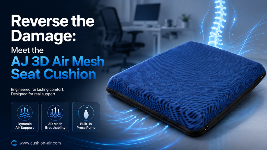 Blue AJ air mesh seat cushion with dynamic support and built-in pump.