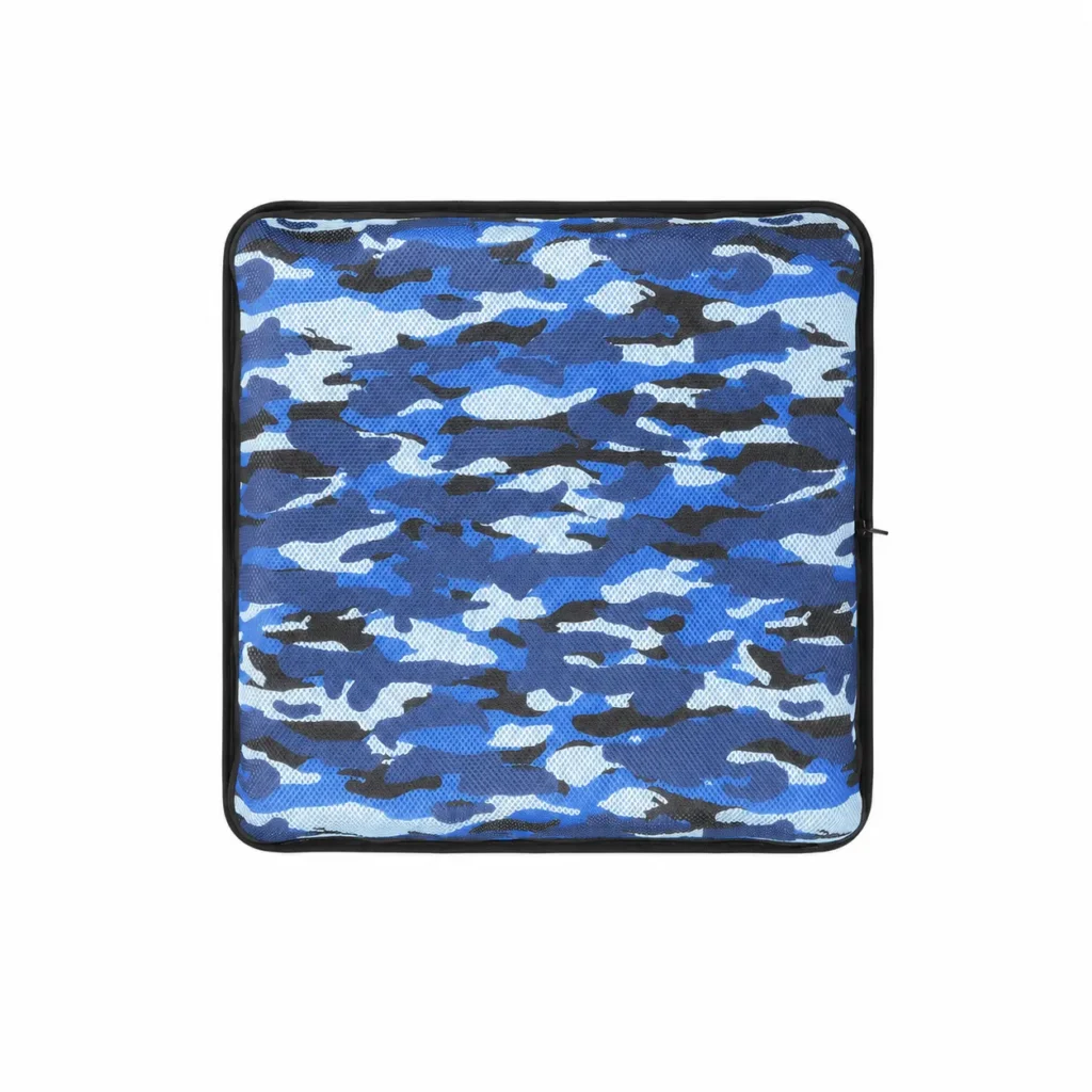 AJ Blue Camouflage 3D Mesh Air Seat Cushion showing the breathable 3D mesh cover and adjustable air-cell support