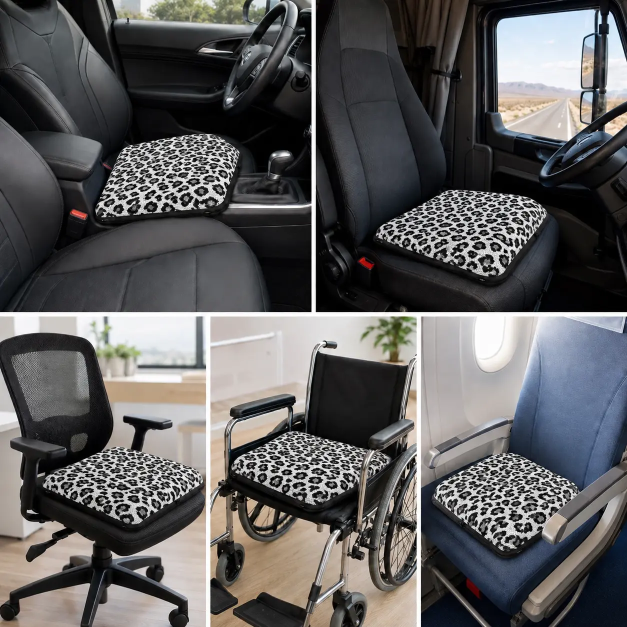 AJ Wild Leopard 3D Mesh Air Seat Cushion shown in car, office, wheelchair, travel and everyday seating scenarios