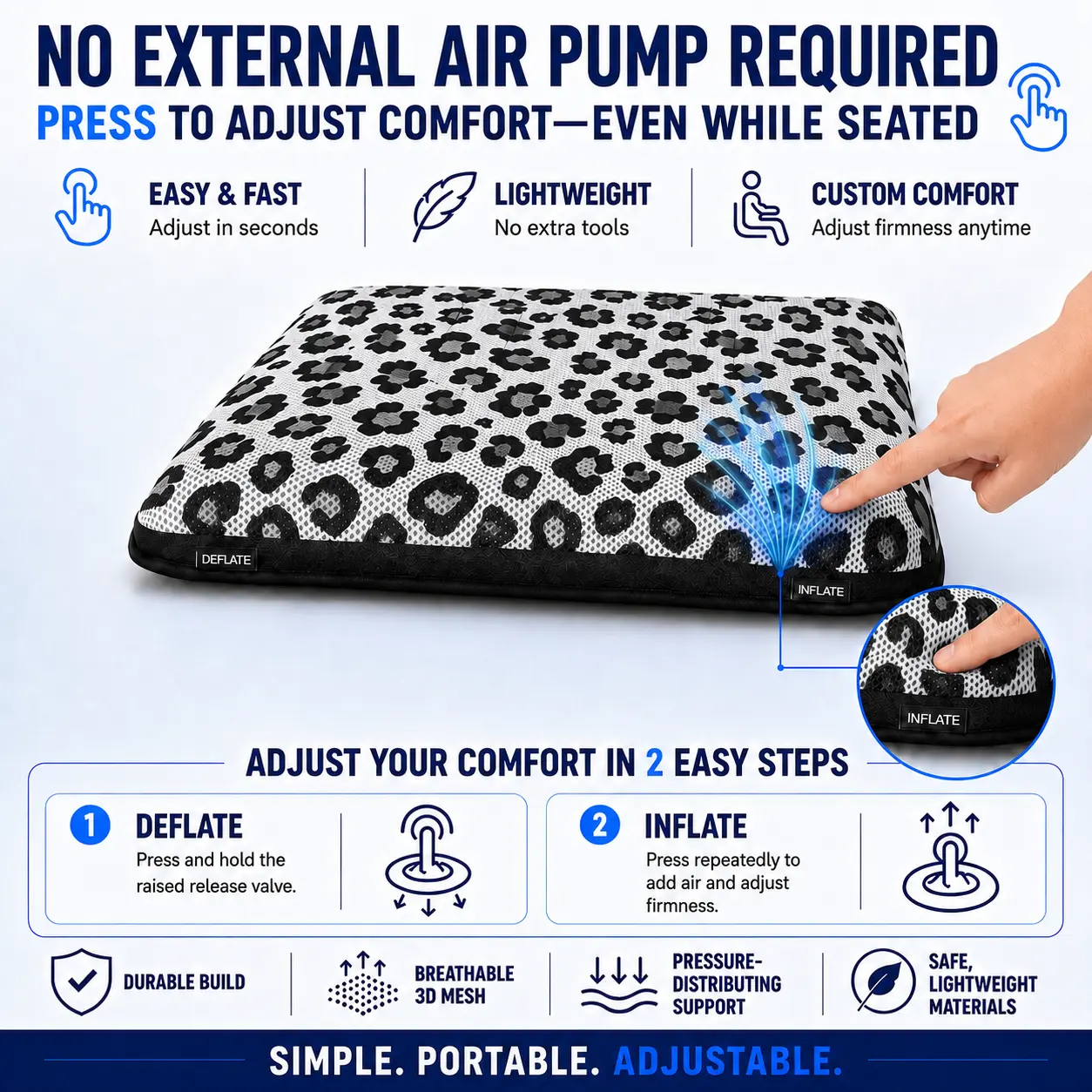 AJ Wild Leopard 3D Mesh Air Seat Cushion explaining the built-in press-to-inflate air support design