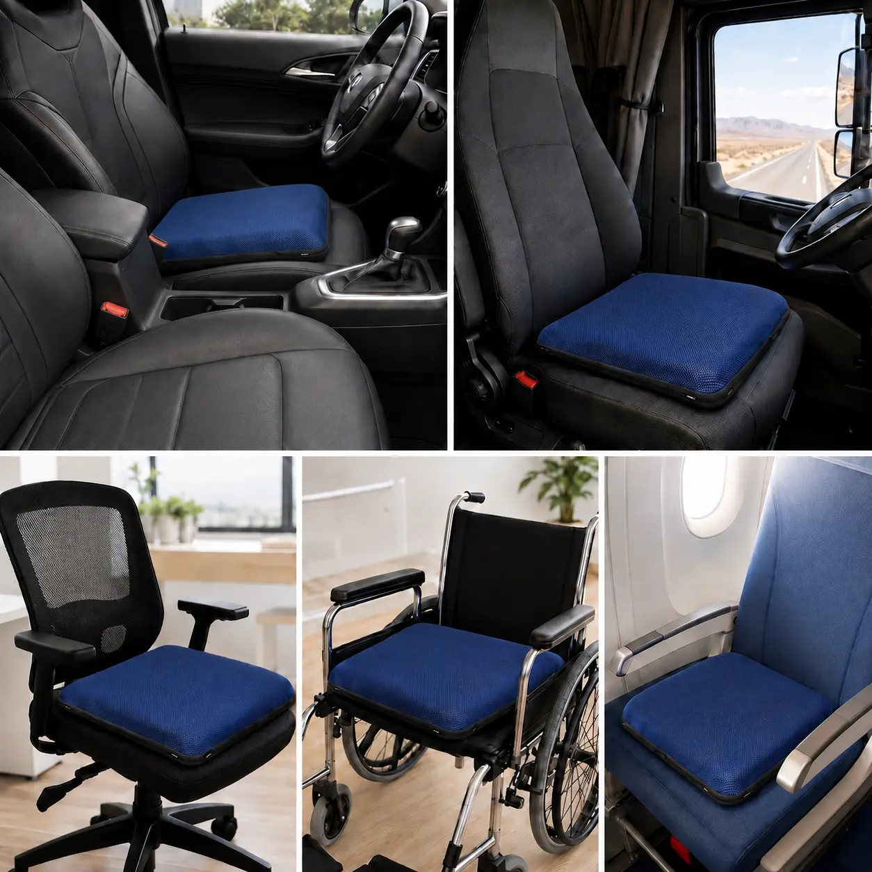AJ Navy Blue 3D Mesh Air Seat Cushion shown in car, office, wheelchair, travel and everyday seating scenarios