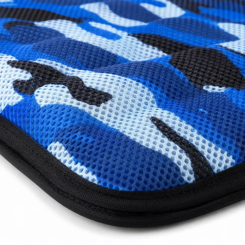Close-up of AJ Blue Camouflage 3D mesh fabric texture for breathable air seat cushion comfort
