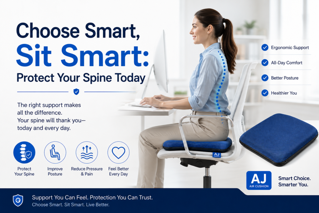 Woman using AJ Air Cushion for ergonomic office support.